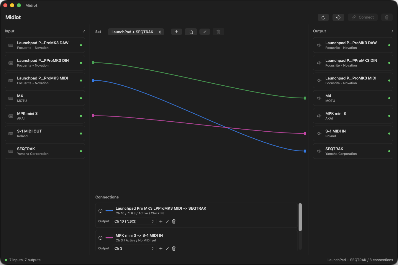 Midiot showing MIDI inputs, outputs, colored route lines, and connection controls.